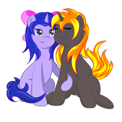 Size: 2550x2550 | Tagged: safe, artist:melody joy, imported from derpibooru, oc, oc only, oc:java, oc:simetra, pony, unicorn, derpibooru community collaboration, 2023 community collab, bow, duo, duo female, eyes closed, female, hair bow, horn, looking at you, mare, simple background, sitting, smiling, transparent background, unicorn oc