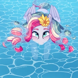 Size: 2020x2020 | Tagged: safe, artist:skysorbett, imported from derpibooru, oc, oc only, oc:sky sorbet, pegasus, pony, blushing, cute, female, flower, flower in hair, looking at you, looking up, mare, multicolored hair, ocbetes, partially submerged, pegasus oc, solo, unshorn fetlocks, water