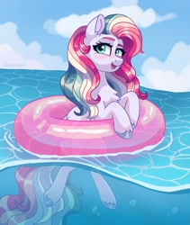 Size: 1874x2222 | Tagged: safe, artist:skysorbett, imported from derpibooru, oc, oc only, oc:sky sorbet, pegasus, pony, female, floaty, inner tube, mare, open mouth, open smile, pegasus oc, pool toy, smiling, solo, swimming, unshorn fetlocks, water, wet, wet mane