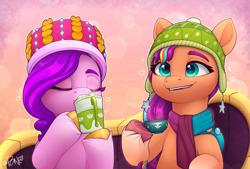 Size: 3400x2300 | Tagged: safe, artist:rivin177, imported from derpibooru, pipp petals, sunny starscout, earth pony, pegasus, pony, spoiler:g5, spoiler:winter wishday, adorapipp, beanie, bokeh, chocolate, clothes, couch, cup, cute, drink, drinking, duo, ears, eyes closed, food, g5, glass, hat, holding, hoof hold, hooves, my little pony: make your mark, my little pony: make your mark chapter 3, raised hoof, scarf, simple background, sitting, smiling, stars, sunnybetes, tea, teeth, toque, underhoof, winter, winter wishday