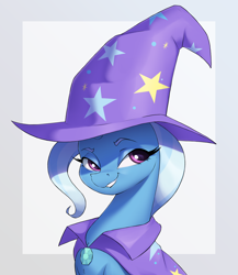 Size: 2754x3177 | Tagged: safe, artist:aquaticvibes, imported from derpibooru, trixie, pony, unicorn, bust, cape, clothes, female, hat, mare, portrait, smug, solo, trixie's cape, trixie's hat