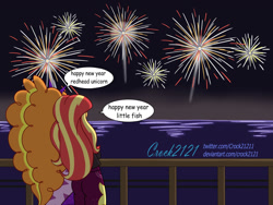 Size: 1280x965 | Tagged: safe, artist:crock2121, imported from derpibooru, adagio dazzle, sunset shimmer, human, equestria girls, equestria girls series, sunset's backstage pass!, spoiler:eqg series (season 2), 2023, duo, duo female, female, happy new year, holiday, lesbian, music festival outfit, ocean, shipping, simple background, smiling, sunsagio, water