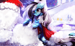 Size: 4900x3000 | Tagged: safe, artist:krissstudios, imported from derpibooru, oc, oc only, oc:purapoint, earth pony, pony, blue pony, christmas, clothes, cute, earth pony oc, glasses, happy, hat, holiday, long tail, male, multicolored eyes, santa hat, snow, snowfall, solo, stallion, stripes, tail, top hat, wholesome