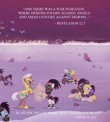 Size: 1280x1416 | Tagged: safe, edit, edited screencap, imported from derpibooru, screencap, earth pony, pegasus, pony, unicorn, the cutie re-mark, alternate timeline, apocalypse, battlefield, bible verse, crystal war timeline, darksiders, fight, helmet, male, mind control, religion, royal guard, sombra soldier, stallion, text, tobuscus, unicorn royal guard