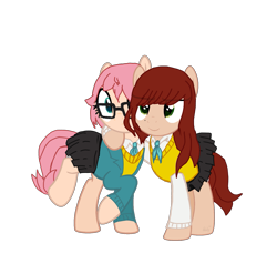 Size: 1805x1780 | Tagged: safe, artist:inventanator, imported from derpibooru, oc, earth pony, derpibooru community collaboration, 2023 community collab, asagao academy, clothes, duo, earth pony oc, eyebrows, eyebrows visible through hair, female, hana, mai, mare, necktie, normal boots club, school uniform, simple background, skirt, transparent background