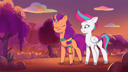 Size: 3072x1727 | Tagged: safe, imported from derpibooru, screencap, sunny starscout, zipp storm, earth pony, pegasus, pony, spoiler:g5, spoiler:my little pony: tell your tale, spoiler:tyts01e42, duo, duo female, eyes closed, female, firework-ing together, frown, g5, high res, mare, my little pony: tell your tale, youtube link