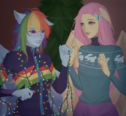 Size: 2048x1896 | Tagged: safe, artist:rainysyrup, imported from derpibooru, fluttershy, rainbow dash, human, christmas, christmas lights, christmas tree, clothes, duo, duo female, eared humanization, female, floppy ears, flutterdash, holiday, humanized, lesbian, pony coloring, shipping, string lights, sweater, tangled up, tree, winged humanization, wings