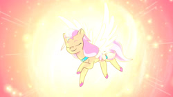 Size: 3072x1727 | Tagged: safe, imported from derpibooru, screencap, sunny starscout, alicorn, pony, spoiler:g5, spoiler:my little pony: tell your tale, spoiler:tyts01e42, eyes closed, female, firework-ing together, g5, glowing, glowing horn, high res, horn, mane stripe sunny, mare, my little pony: tell your tale, race swap, smiling, solo, spread wings, sunnycorn, transformation, transformation sequence, wings, youtube link