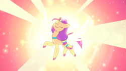 Size: 3072x1727 | Tagged: safe, imported from derpibooru, screencap, sunny starscout, alicorn, pony, spoiler:g5, spoiler:my little pony: tell your tale, spoiler:tyts01e42, eyes closed, female, firework-ing together, g5, glowing, glowing horn, high res, horn, mane stripe sunny, mare, my little pony: tell your tale, race swap, smiling, solo, spread wings, sunnycorn, transformation, transformation sequence, wings, youtube link