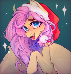 Size: 2244x2349 | Tagged: safe, artist:buckyholl, imported from derpibooru, fluttershy, pegasus, pony, christmas, fangs, female, green background, hat, high res, holiday, looking at you, mare, open mouth, open smile, santa hat, simple background, smiling, smiling at you, solo, tongue out