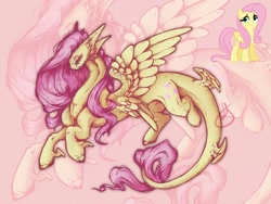 Size: 2048x1536 | Tagged: safe, artist:thelazyponyy, imported from derpibooru, fluttershy, dragon, dragoness, dragonified, female, flutterdragon, solo, species swap, spread wings, tail wings, winged hooves, wings, zoom layer