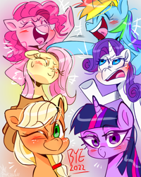 Size: 1080x1350 | Tagged: safe, artist:jully-park, imported from derpibooru, applejack, fluttershy, pinkie pie, rainbow dash, rarity, twilight sparkle, earth pony, pegasus, pony, unicorn, cross-popping veins, digital art, emanata, female, mane six, mare