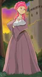 Size: 2122x3857 | Tagged: safe, artist:shonuff44, imported from derpibooru, angel bunny, fluttershy, human, rabbit, animal, castle, clothes, commission, dress, duo, female, high res, humanized, looking away, medieval, princess, smiling