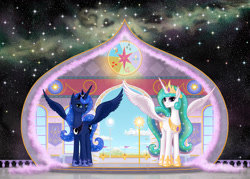 Size: 2900x2080 | Tagged: safe, artist:xodok, imported from derpibooru, princess celestia, princess luna, alicorn, pony, series:ponyashnost, crown, cutie mark, duo, duo female, equestria, female, high res, jewelry, looking at you, magic, mare, portal, regalia, royal sisters, siblings, sisters, smiling, smiling at you, spread wings, stars, wings