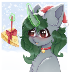 Size: 2200x2300 | Tagged: safe, artist:saltyvity, imported from derpibooru, oc, oc:minerva, pony, unicorn, blushing, cheese, choker, christmas, christmas gift, curved horn, cute, ear fluff, embarrassed, fluffy, food, gray, green hair, hat, holiday, horn, magic, magic aura, present, red eyes, santa hat, santa sack, snow, snowfall, snowflake, solo, sparkles, starry eyes, telekinesis, unicorn oc, wingding eyes, winter