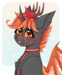 Size: 2000x2400 | Tagged: safe, artist:saltyvity, imported from derpibooru, oc, oc:teen spirit, alicorn, changedling, changeling, hybrid, pony, bat wings, black, blushing, bridle, christmas, christmas changeling, commission, cute, ear fluff, embarrassed, fawn, fluffy, happy new year, harness, holiday, horn, licking, licking lips, orange changeling, orange eyes, orange hair, snow, snowfall, snowflake, solo, sparkles, tack, tongue out, wings, winter