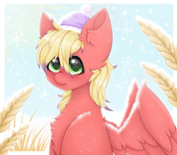 Size: 2400x2100 | Tagged: safe, artist:saltyvity, imported from derpibooru, oc, oc only, pegasus, pony, blue background, blushing, christmas, commission, cute, cute smile, ear fluff, embarrassed, fluffy, grass, green eyes, hat, holiday, pegasus oc, red, simple background, snow, snowfall, snowflake, solo, sparkles, wings, winter, winter hat, yellow hair