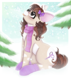 Size: 2100x2300 | Tagged: safe, artist:saltyvity, imported from derpibooru, oc, oc only, earth pony, pony, blue background, blushing, bow, brown eyes, brown hair, catching snowflakes, chest fluff, christmas, christmas tree, clothes, commission, cute, ear fluff, embarrassed, fir tree, fluffy, hair bow, high res, holiday, looking up, mealy mouth (coat marking), outdoors, pale belly, purple, scarf, simple background, sitting, snow, snowfall, snowflake, socks, solo, sparkles, tongue out, tree, winter, winter outfit