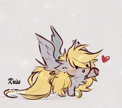 Size: 717x631 | Tagged: safe, artist:krissstudios, imported from derpibooru, derpy hooves, pegasus, pony, chibi, fluffy, heart, long hair, simple background, solo, spread wings, wings