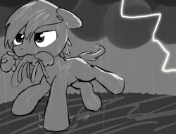 Size: 781x593 | Tagged: safe, artist:wenni, imported from derpibooru, oc, oc only, oc:snicker, breezie, earth pony, pony, grayscale, lightning, monochrome, mouth hold, rain, running