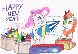 Size: 2238x1570 | Tagged: safe, artist:assertiveshypony, imported from derpibooru, autumn blaze, pinkie pie, earth pony, kirin, pony, bipedal running, box, boxers, cloven hooves, crates, drawing, fireworks, happy new year, happy new year 2023, holiday, implied nirik, running, running with fireworks, simple background, smiling, standing on two hooves, this will end in explosions, traditional art