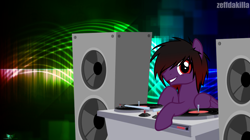 Size: 4435x2477 | Tagged: safe, artist:zeffdakilla, imported from derpibooru, oc, oc only, oc:frankie fang, pegasus, pony, abstract background, dj booth, emo, looking at you, raised hoof, record, scene, scene kid, smiling, smiling at you, solo, speaker, turntable