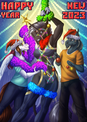 Size: 1143x1600 | Tagged: safe, artist:sunny way, imported from derpibooru, oc, oc only, oc:steven saidon, oc:sunny way, oc:wacom cintiq 24 pro, anthro, horse, pegasus, unicorn, bondage, bound wrists, christmas, christmas lights, christmas tree, exclusive, female, garland, happy, happy new year, happy new year 2023, harness, hat, holiday, male, mare, muscles, new year, rope, rope bondage, santa hat, shibari, smiling, stallion, stars, tack, tree, trio, yay