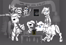 Size: 2480x1709 | Tagged: safe, artist:damset, imported from derpibooru, oc, oc only, oc:da-mset, changeling, 3d, cider, cloak, clothes, drunk, g1, g2, g3, g3.5, happy new year, happy new year 2023, holiday, monochrome, one eyed, party, pony in a bottle, squatpony, t pose, warp-zone