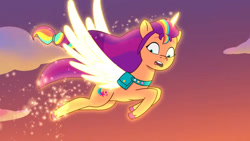 Size: 3072x1727 | Tagged: safe, imported from derpibooru, screencap, sunny starscout, alicorn, pony, spoiler:g5, spoiler:my little pony: tell your tale, spoiler:tyts01e42, female, firework-ing together, flying, g5, glowing, glowing horn, high res, horn, mane stripe sunny, mare, my little pony: tell your tale, open mouth, race swap, solo, spread wings, sunnycorn, wings, youtube link