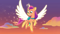 Size: 3072x1727 | Tagged: safe, imported from derpibooru, screencap, sunny starscout, alicorn, pony, spoiler:g5, spoiler:my little pony: tell your tale, spoiler:tyts01e42, female, firework-ing together, flying, g5, glowing, glowing horn, high res, horn, lip bite, mane stripe sunny, mare, my little pony: tell your tale, race swap, solo, spread wings, sunnycorn, wings, youtube link