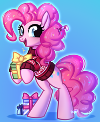 Size: 696x850 | Tagged: safe, artist:kannakiller, imported from derpibooru, pinkie pie, earth pony, pony, candy, candy cane, christmas, clothes, commission, digital art, food, full body, gradient background, happy new year, holiday, looking at you, open mouth, open smile, present, smiling, smiling at you, solo, standing, sweater