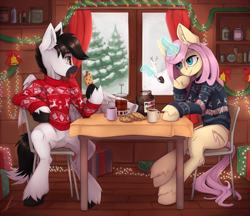 Size: 4000x3450 | Tagged: safe, artist:midnightflight, imported from derpibooru, oc, oc only, pegasus, pony, unicorn, bell, chair, cookie, cup, food, happy new year, holiday, horn, kitchen, new year, not fluttershy, nutella, oc x oc, pegasus oc, present, shipping, string lights, table, teacup, tree, unicorn oc, unshorn fetlocks, window