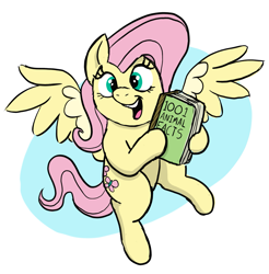 Size: 2671x2716 | Tagged: safe, artist:doodledonutart, imported from derpibooru, fluttershy, pegasus, pony, book, cute, female, hoof hold, mare, open mouth, open smile, shyabetes, simple background, smiling, solo, spread wings, white background, wings