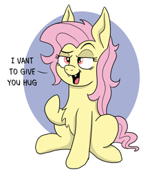 Size: 2506x2837 | Tagged: safe, artist:doodledonutart, imported from derpibooru, fluttershy, bat pony, pony, bat ponified, chest fluff, fangs, female, flutterbat, it's a trap, lidded eyes, mare, race swap, simple background, sitting, solo, talking to viewer, white background, wingless