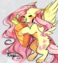 Size: 1952x2100 | Tagged: safe, artist:krissstudios, imported from derpibooru, fluttershy, pegasus, pony, carrot, eyes closed, food, herbivore, nom, simple background, solo