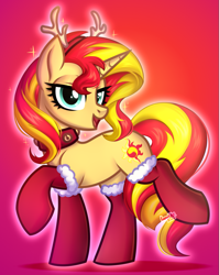 Size: 677x850 | Tagged: safe, artist:kannakiller, imported from derpibooru, sunset shimmer, pony, unicorn, adorasexy, beautiful, beautisexy, bedroom eyes, bells, choker, christmas, clothes, collar, commission, cute, digital art, female, full body, happy new year, holiday, horn, horns, lidded eyes, looking at you, majestic as fuck, mare, open mouth, raised hoof, seductive, seductive look, sexy, shimmerbetes, simple background, smiling, solo, sparkles, stockings, stupid sexy sunset shimmer, thigh highs