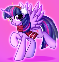 Size: 735x776 | Tagged: safe, artist:kannakiller, imported from derpibooru, twilight sparkle, alicorn, pony, christmas, clothes, commission, female, full body, happy new year, holiday, horn, looking at you, mare, raised hoof, scarf, simple background, smiling, smiling at you, solo, sparkles, twilight sparkle (alicorn), wings