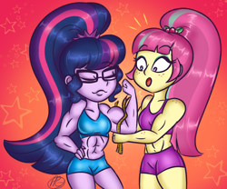 Size: 1396x1164 | Tagged: safe, artist:purfectprincessgirl, imported from derpibooru, sci-twi, sour sweet, twilight sparkle, human, equestria girls, :o, abs, biceps, clothes, eyes closed, female, flexing, glasses, measuring tape, midriff, muscles, muscular female, open mouth, sci-twi muscle, shorts, smug, sour swole, sports bra, sports shorts, surprised