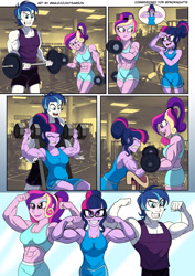 Size: 1920x2716 | Tagged: safe, artist:dncsamsonart, imported from derpibooru, princess cadance, sci-twi, shining armor, twilight sparkle, human, equestria girls, abs, alumnus shining armor, biceps, brother and sister, clothes, dean ca-dense, dean cadance, dumbbell (object), family, female, flexing, glasses, grin, gritted teeth, gym, male, midriff, muscles, muscular female, muscular male, sci-twi muscle, shorts, siblings, smiling, sports bra, sports shorts, sweat, swelling armor, teeth, twilight muscle, vein bulge, weights, workout, workout outfit