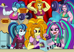 Size: 1920x1334 | Tagged: safe, artist:dncsamsonart, imported from derpibooru, adagio dazzle, aria blaze, sonata dusk, human, equestria girls, abs, acardio dazzle, aria brute, aria buff, biceps, bodybuilder, bodybuilding contest, clothes, dumbbell (object), female, flexing, food, grin, imagine spot, medal, muscles, muscular female, open mouth, open smile, plate, smiling, strong, swolenata dusk, taco, thought bubble, weights, workout outfit