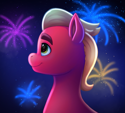 Size: 1365x1233 | Tagged: safe, artist:malarkey, imported from derpibooru, sprout cloverleaf, earth pony, pony, bust, daily sprout, fireworks, g5, happy new year, holiday, male, night, sideview, smiling, solo, stallion