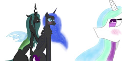 Size: 1641x828 | Tagged: safe, artist:nismorose, imported from derpibooru, nightmare moon, princess celestia, queen chrysalis, alicorn, changeling, changeling queen, blushing, chest fluff, chrysmoon, ear fluff, ethereal mane, eye clipping through hair, eyeshadow, fangs, female, g4, grin, horn, insect wings, lesbian, makeup, mare, no mouth, sharp teeth, shipping, shocked, shocked expression, simple background, sitting, slit pupils, smiling, sparkly mane, starry mane, teeth, white background, wide eyes, wings