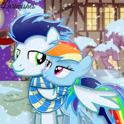 Size: 1300x1300 | Tagged: safe, artist:mlplary6, imported from derpibooru, rainbow dash, soarin', pegasus, pony, clothes, female, hug, looking at each other, looking at someone, love, male, mare, scarf, shared clothing, shared scarf, shipping, smiling, smiling at each other, snow, snowfall, soarindash, stallion, straight, striped scarf, winghug, wings
