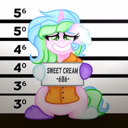 Size: 2048x2048 | Tagged: safe, artist:sweet cream, imported from derpibooru, oc, oc only, oc:sweet cream, pony, unicorn, clothes, grin, horn, mugshot, nervous, nervous grin, prison outfit, prisoner, smiling, unicorn oc