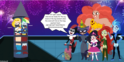 Size: 1264x632 | Tagged: safe, artist:robukun, imported from derpibooru, rainbow dash, human, equestria girls, bondage, bound and gagged, catwoman, crossover, dc comics, dc superhero girls, fireworks, gag, giganta, harley quinn, livewire, muffled words, new years eve, poison ivy, power girl, rocket, star sapphire, supergirl, tape, tape gag, tied up