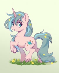 Size: 2480x3066 | Tagged: safe, artist:lunnita_pony, imported from derpibooru, oc, oc only, pony, unicorn, female, flower, flower in hair, gradient background, grass, horn, looking at you, mare, raised hoof, raised leg, side view, solo, underhoof, unicorn oc