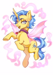 Size: 2480x3508 | Tagged: safe, artist:lunnita_pony, imported from derpibooru, oc, oc only, choker, female, horn, lidded eyes, looking at you, smiling, solo, spiked choker, spread wings, wings