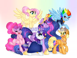 Size: 1920x1452 | Tagged: safe, artist:missbramblemele, imported from derpibooru, applejack, fluttershy, pinkie pie, rainbow dash, rarity, twilight sparkle, alicorn, earth pony, pegasus, pony, unicorn, the last problem, alternate hairstyle, eyes closed, female, gradient background, jewelry, laughing, mane six, mare, obtrusive watermark, older, older applejack, older fluttershy, older mane six, older pinkie pie, older rainbow dash, older rarity, older twilight, open mouth, open smile, princess twilight 2.0, rainbow background, regalia, smiling, twilight sparkle (alicorn), watermark