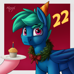 Size: 4000x4000 | Tagged: safe, artist:supermoix, imported from derpibooru, oc, oc:supermoix, pegasus, pony, birthday, candle, cute, food, hat, looking at you, muffin, party, party hat, smiling, solo, standing