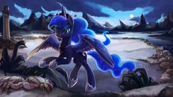 Size: 1280x721 | Tagged: safe, artist:artpaca, imported from derpibooru, princess luna, alicorn, crab, pony, blue mane, blue tail, cloud, commission, crown, cute, digital art, eyelashes, eyeshadow, feather, female, flowing mane, flowing tail, hoof shoes, horn, ice, jewelry, lake, lidded eyes, light, lighthouse, makeup, mare, moon, mountain, plant, raised hoof, regalia, rock, signature, sky, snow, solo, spread wings, stars, tail, water, wings